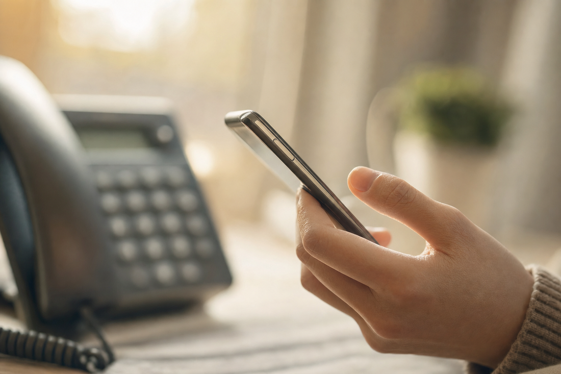 hand holding a smartphone in soft warm light, editorial photograph for 988 lifeline