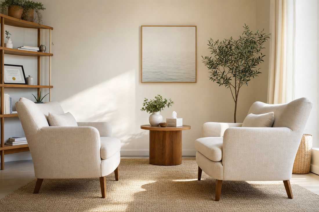 two empty linen chairs in a soft sunlit therapy room, editorial photography