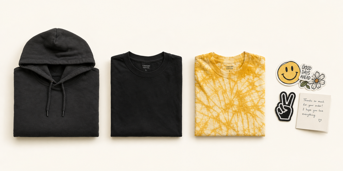 What's inside every mystery bag · hoodie, tee, tie-dye tee, sticker pack
