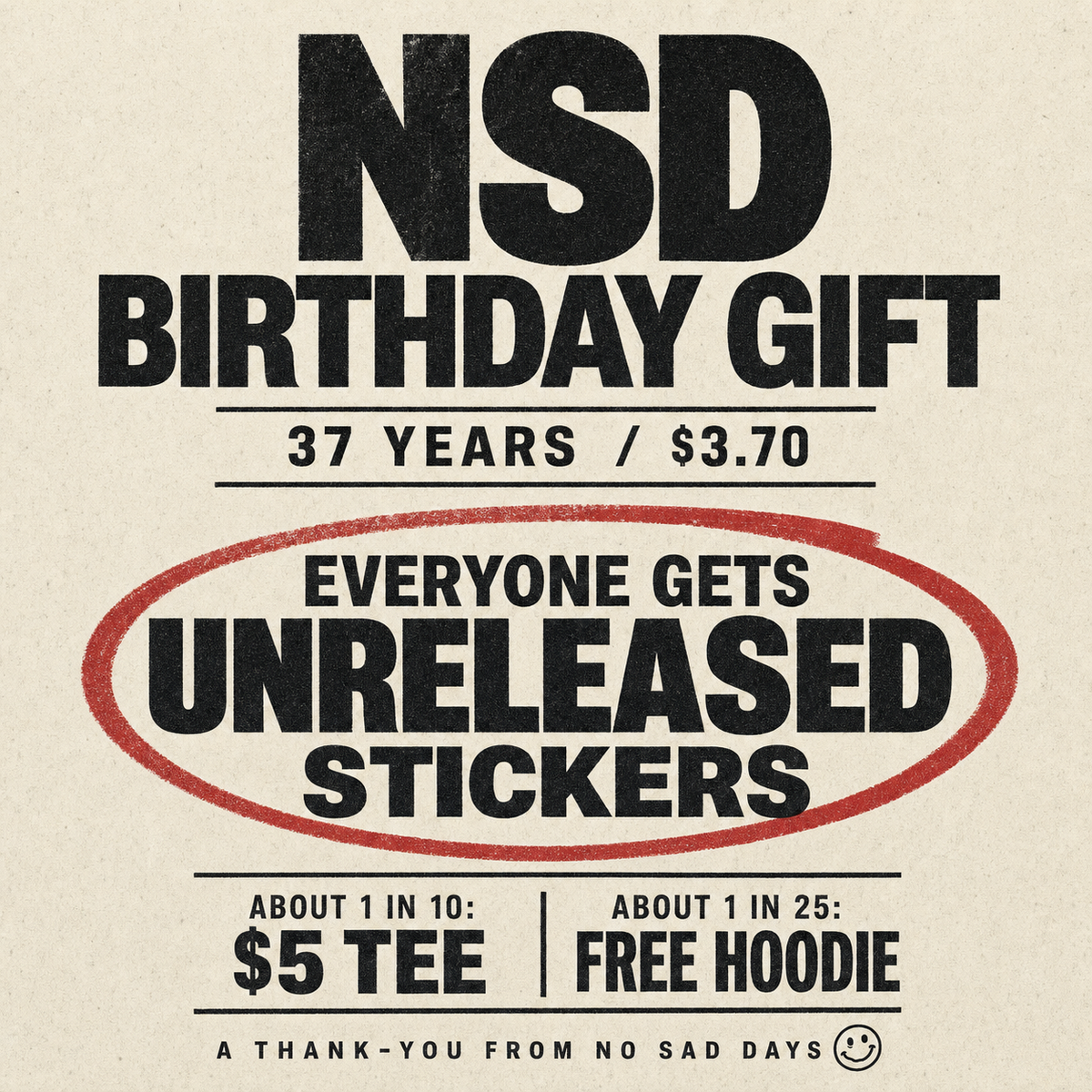 NSD Birthday Gift: everyone gets unreleased stickers; approximately 1 in 10 receives a $5 tee and approximately 1 in 25 receives a free hoodie